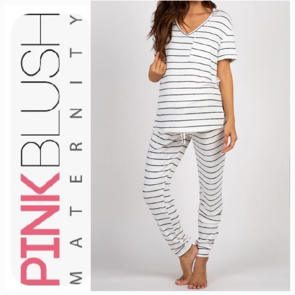 PinkBlush Ivory Striped Pocket Front Maternity Pajama Set